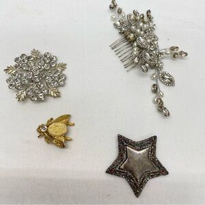 Mixed Metal & Crystal Brooch Set - Silver & Gold Tones Pearl Accents Lot of 4